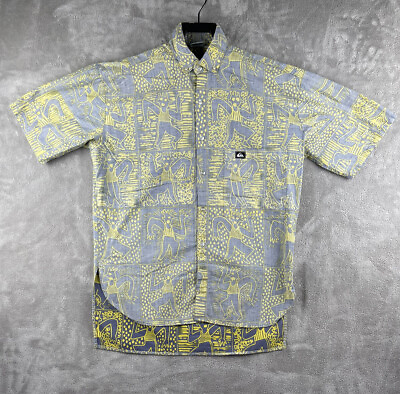 #ad Vintage 1980’s Quicksilver Short Sleeve Button Up Gray Yellow Reverse Size Small $22.88