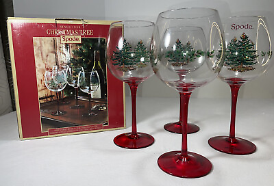 Spode Christmas Tree Glass Wine Goblet with Red Stem Set of 4 in Box $42.99