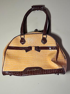 #ad Samantha Brown Alligator Skin Brown Tan Overnight Bag Leather Travel Lined $27.00