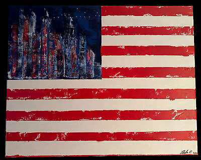 #ad New canvas wall art 16x20 American Flag City Acrylic Original NY $220.00