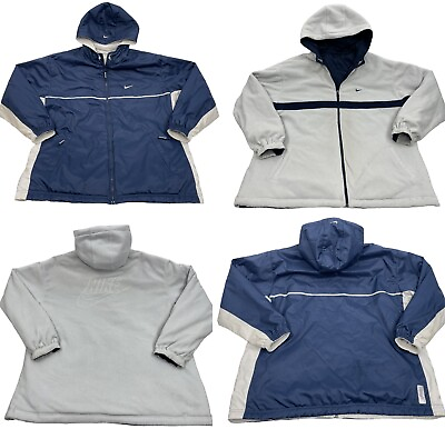 #ad Nike Reversible Hooded Nylon And Fleece Swoosh Blue Gray Jacket Men#x27;s 2XL XXL $23.25