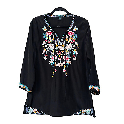 #ad Faith amp; Zoe Black Floral Embroidered Tunic Top Womens Size M $18.00