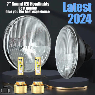 #ad 7 Inch LED GLASS Headlight Round ORIGINAL CLASSIC LOOK conversion Chrome pair $213.36