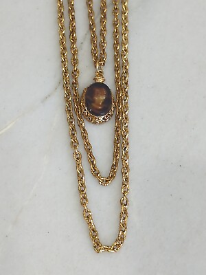 #ad Vintage Goldette 3 Chain Fold Over clasp Amber Intaglio Cameo FOB Necklace $25.00