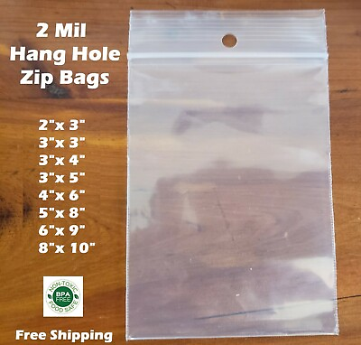 Clear 2mil Hanghole Plastic Reclosable Zip Seal Bags Hang Hole Top Lock Baggies $1.03
