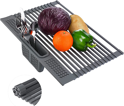 #ad DISH DRYING RACK Roll Up Foldable Over Kitchen Sink Light Grey 16.85quot;x12quot; ATTSIL $42.47