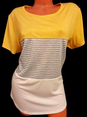 #ad Yun jey yellow white striped color block short sleeve scoop neck stretch top XXL $13.99