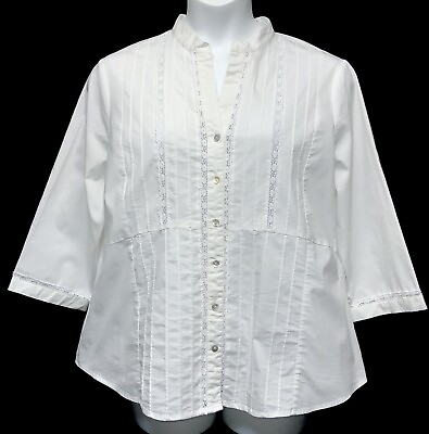 #ad Bay Studio Women#x27;s Size 1X Button Up 3 4 Sleeve V Neck Top Ivory Pintuck Lace $11.99