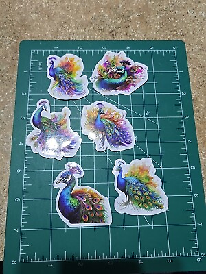 #ad 6 Peacock Vinyl Decal Stickers Waterproof. Various Shapes Vibrant Color Lot #2 $2.50
