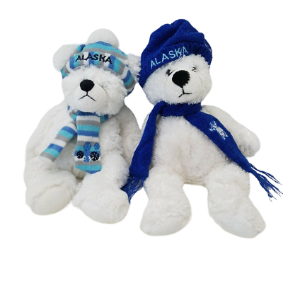 #ad 2X Arctic Circle Ent. Alaska Plush Bear 12quot; White Blue Hat Scarf Stuffed Animal $18.29