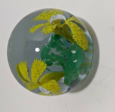 #ad Vintage Floral Glass Paperweight Bright 8quot; Unsigned Green and Yellow Pretty $19.99