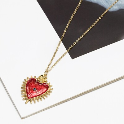 #ad Heart Necklace Round Red Turkish Charm Pendant Gold Plated Chain Lucky Evil Eye GBP 7.99