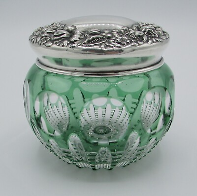 #ad Green American Brilliant? Pairpoint? Cut Glass Crystal Jar Sterling Lid 1388 $499.99
