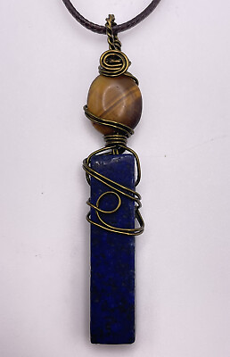 #ad Bronze Enamel Wire Wrapped Blue Lapis Lazuli Stick Tiger’s Eye Stone Necklace $12.99