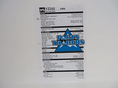 #ad Genuine Yamaha Quick Reference Service Manual Spec Data Sheet YZ250 2003 $7.99