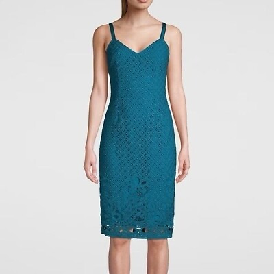 #ad White House Black Market Eyelet Sleeveless Sheath Dress in Petrol Blue Size 2 $39.99