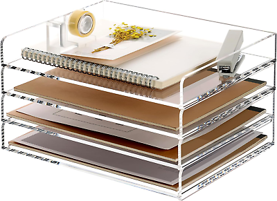 #ad 4 Tier Clear Desk Paper Letter Organizer Trays A4 Stackable File Document Tray $82.99