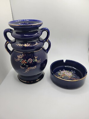 #ad Vintage Kutani Japan Double Handled Hand Painted Cobalt Ceramic Vase amp; Ashtray $40.50