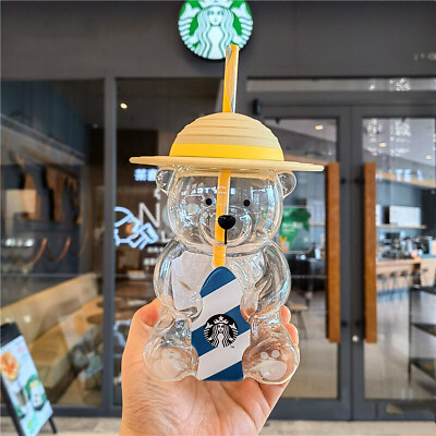 #ad New Starbucks Korea 2022 Summer Yellow Hat Bear 473ml Glass Straw Cup Tumbler $23.99
