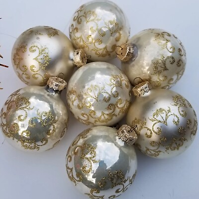 #ad Vintage White Gold Glitter Christmas Ornaments LOT OF 7 Neutral Glass Bulb Balls $11.60