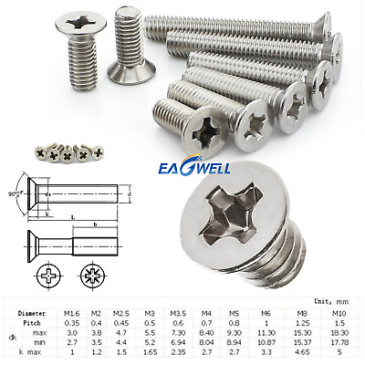 #ad 304 Stainless Steel Phillips Cross Recessed Flat Countersunk Head Screws Bolt $29.15