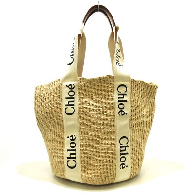 #ad Auth Chloe Woody Large Basket Beige Cream Black Fair Trade Paper Leather $558.00