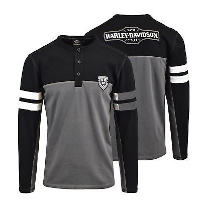 #ad Harley Davidson Men#x27;s T Shirt Black Grey Colorblocked Long Sleeve Henley S39 $32.00