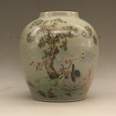 #ad Boutique Chinese Famille Rose Porcelain Hand Painted Pine Tree Rabbit Pot S590 $71.78