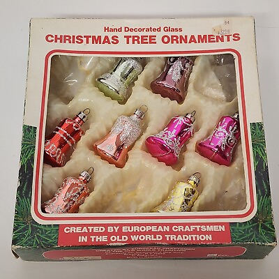 #ad 8 Glass Bell Glitter Christmas Ornaments 2quot; Tall Vintage Commodore Boxed Romania $22.95