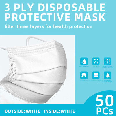 #ad 50 Pcs White 3 Ply Disposable Face Mask Non Medical Surgical Face Cover LAship $7.87