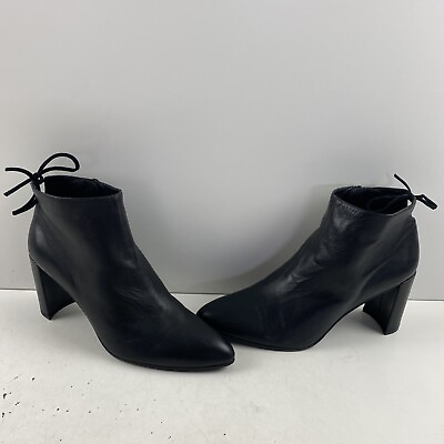 #ad Stuart Weitzman Black Leather Pointed Toe Side Zip Block Heel Ankle Boots 7.5 $157.49