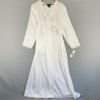 #ad Jones New York Satin Robe Women Large White Wrap Front New Old Stock Vintage $45.00