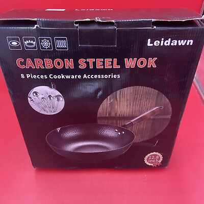 #ad Leidawn 12.8quot; Carbon Steel Wok 11Pcs Woks and Stir Fry Pans with Wooden Handle $60.00