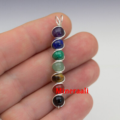 #ad Wire Wrapped 7 Chakra Crystal Quartz Stone Bead Pendant Reiki Balance Yoga $2.59