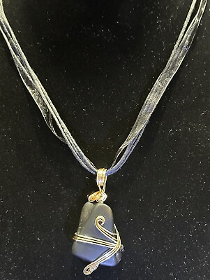 #ad Wire Wrapped Black Stone Pendant Necklace Handmade Silver amp; Gold Tone 20” Adj $8.99