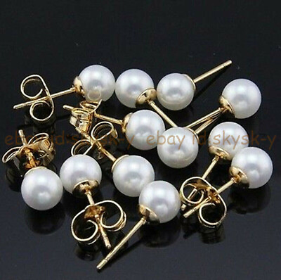 #ad Wholesale Lots White South Sea Shell Pearl Round Beads Gold plated Stud Earrings $3.58