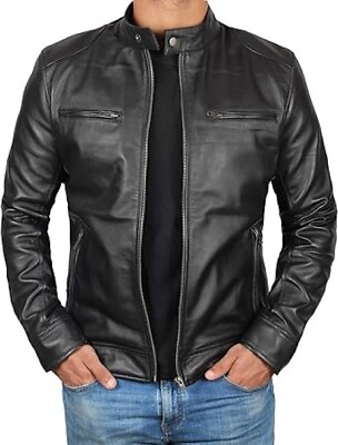 #ad Mens Leather Jacket Cafe Racer Style Real Black Cowhide Leather Jacket $210.00