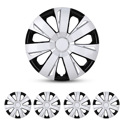 #ad 4PC 14quot; Silver Black Wheel Covers Snap On Full Hub Caps fit R14 Tire amp; Steel Rim $40.99