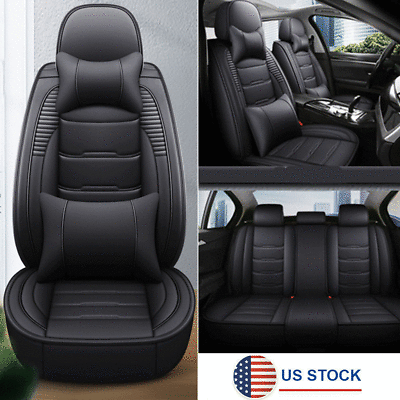 #ad Full Black PU Leather Auto Cushion Seat Cover w Pillow For 5 Sits Car Universal $127.79