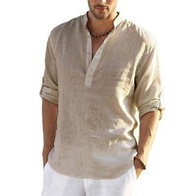 #ad Mens Solid Linen Beach Shirts Cotton Casual Loose Long Sleeve Shirt Blouse Tops $11.30