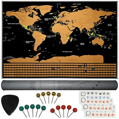 #ad Scratch Off World Map 32quot; x 23quot; Topographic Map Poster with Pins and Stickers $19.99