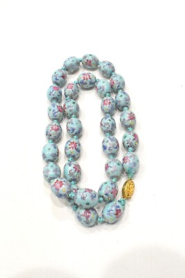 #ad Chinese Porcelain Oval Turquoise Floral Design Necklace Strand 24quot; $15.00