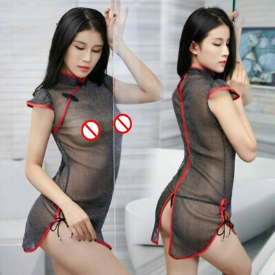 #ad Sexy Womens Shiny Cheongsam Qipao Transparent Lingerie Short Sleeve Dress US $7.69