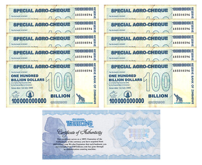 #ad 10 Zimbabwe 100 Billion Special Agro Cheque banknote 2008 P 64 USED COA $57.99