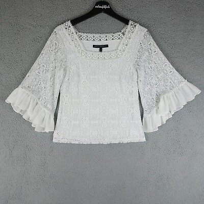 #ad White House Black Market Top Womens XS White Lace Bell Sleeve Peasant Blouse $18.00