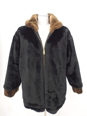 #ad REVERSIBLE Sheared Beaver Faux Fur Coat Black amp; Brown Jones New York 36876 $35.00