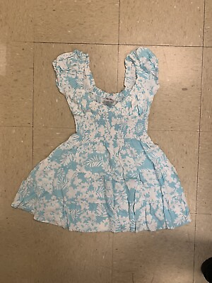 #ad Sky to Moon Babydoll Smocked Shirt Blue amp; White Flowers Leaves Small $7.00