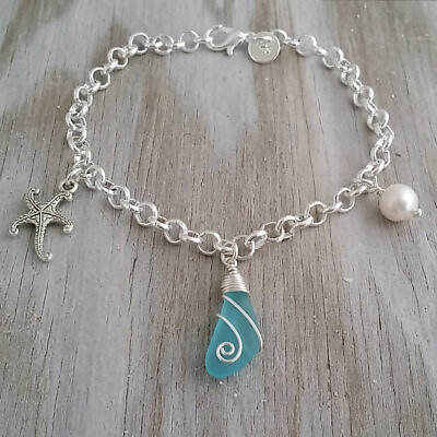 #ad Handmade in Hawaii wire wrapped blue sea glass chain bracelet Starfish charm $36.98