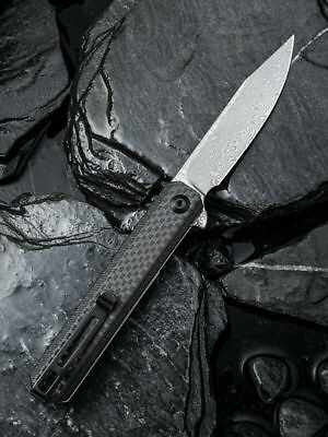 Civivi Chronic Liner Folding Knife 3quot; Damascus Steel Blade Carbon Fiber Handle $78.50