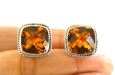 #ad Citrine Cushion Cut Golden Yellow Solitaire 925 Sterling Silver Stud Earrings $89.00